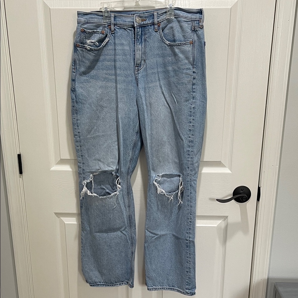 American Eagle Outfitters Distressed Straight Leg Jeans - Light Blue